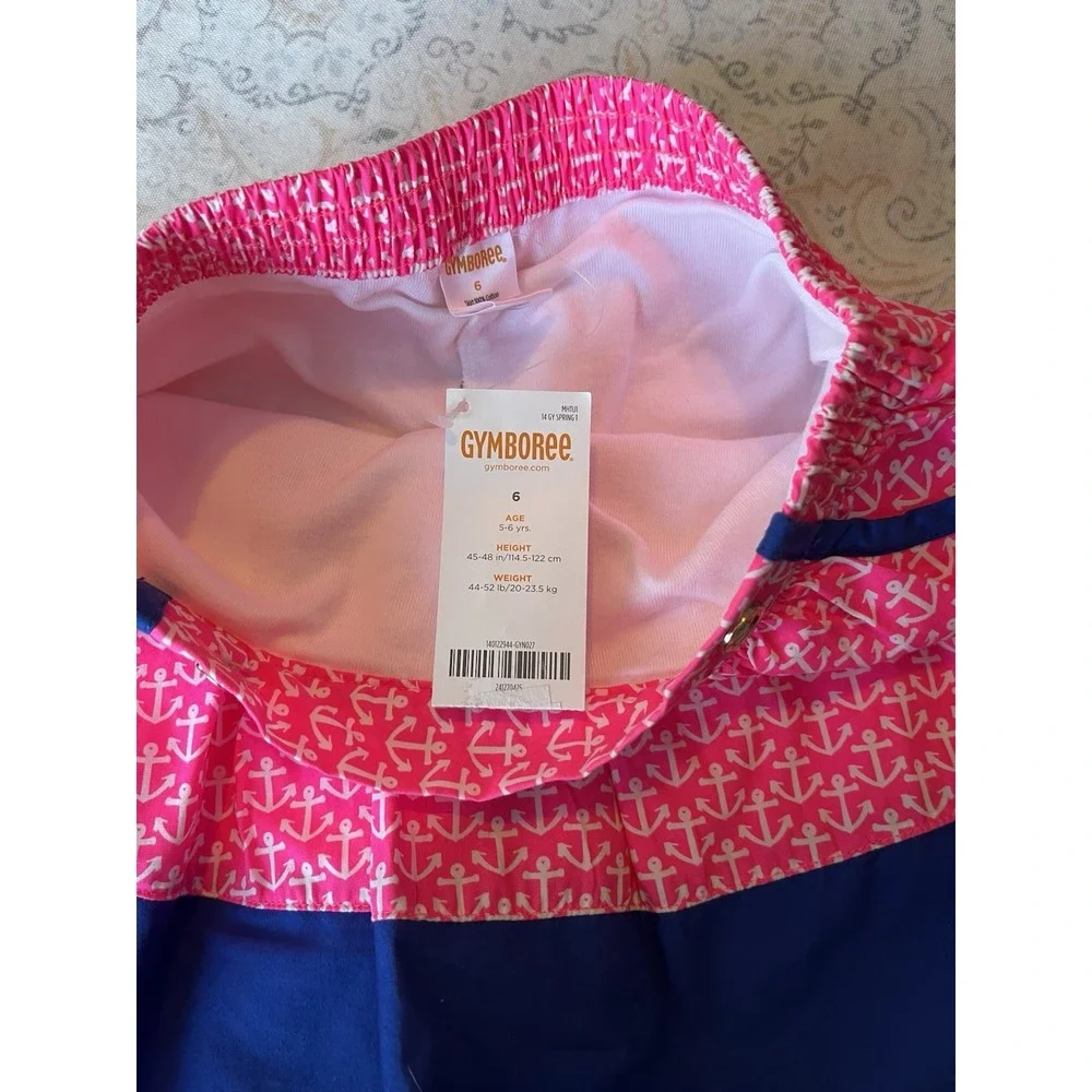 GYMBOREE Girl Size 6 3 Piece Top Skirt and Hat Set White Pink Blue Nautical Anch